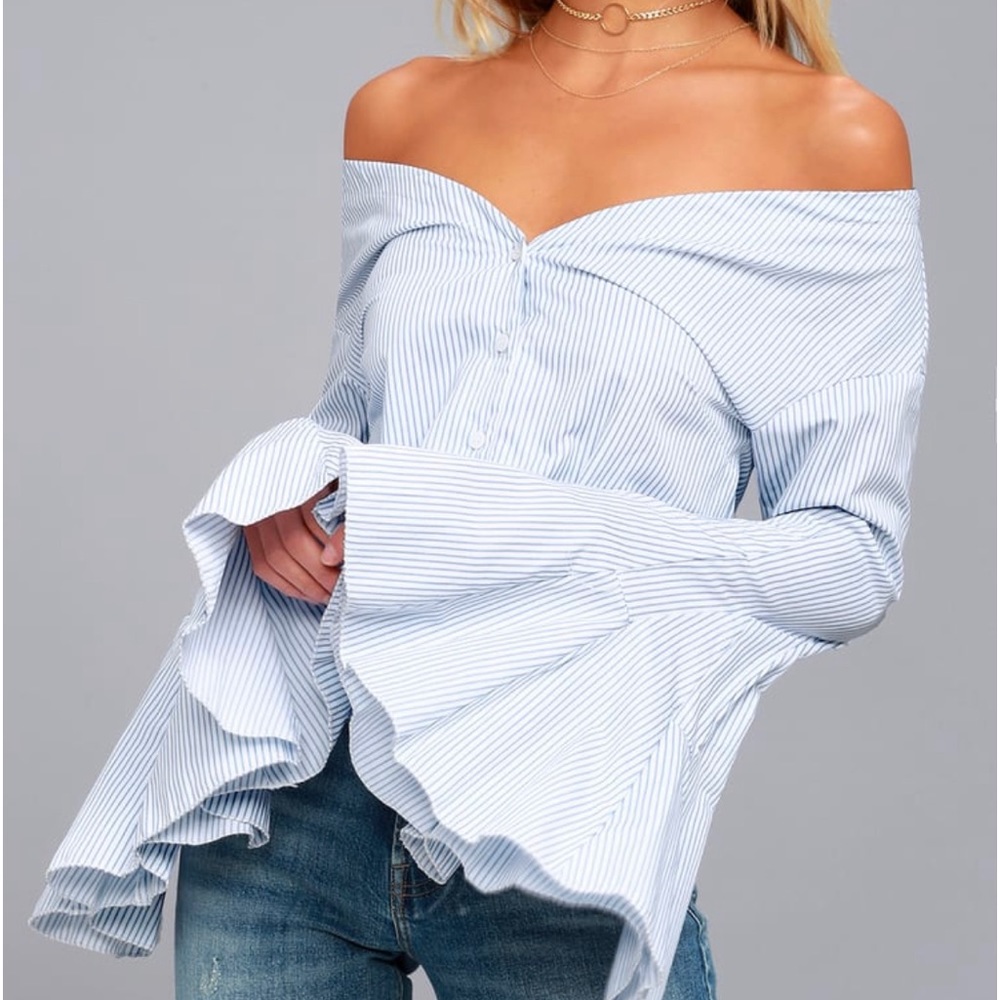LULU’S clear daily blue and white striped off the shoulder blouse size m…